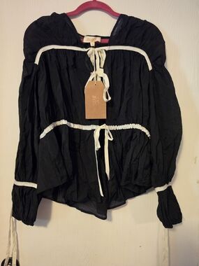 Listicle Black Peasant Blouse with White Trim and Ties